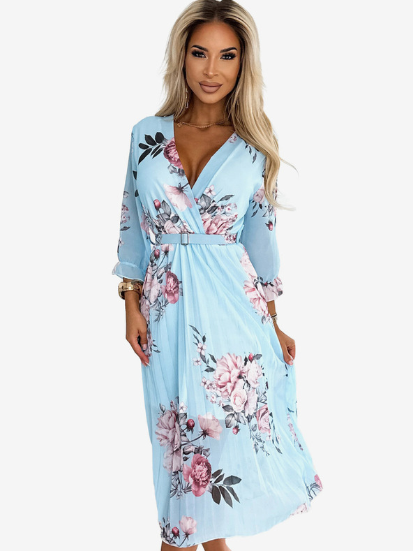 numoco Плисирана миди рокля с деколте и колан - роза на син фон Numoco YUNA