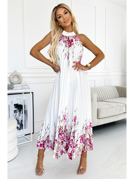 numoco Плисирана сатенена макси рокля - бяла с розови цветя Numoco ESTER