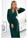 numoco VIVIANA Плисирана миди рокля с дълбоко деколте, дълги ръкави и широк колан - зелено Numoco