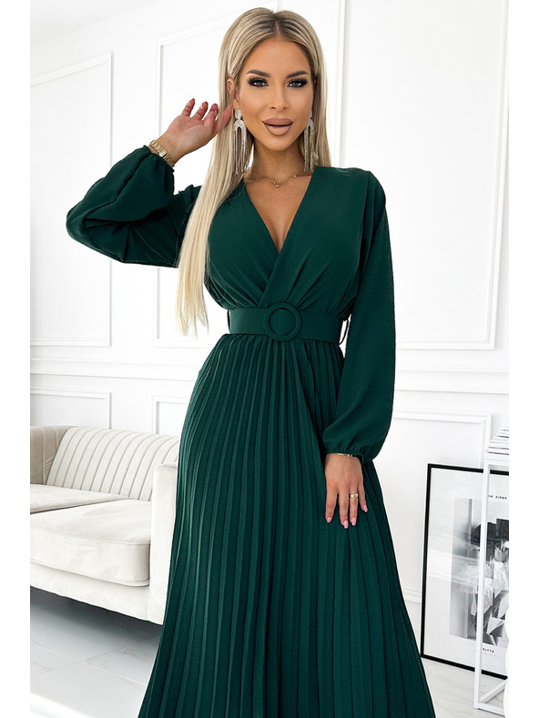 numoco VIVIANA Плисирана миди рокля с дълбоко деколте, дълги ръкави и широк колан - зелено Numoco