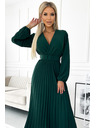 numoco VIVIANA Плисирана миди рокля с дълбоко деколте, дълги ръкави и широк колан - зелено Numoco