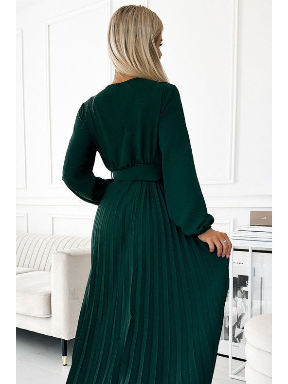 numoco VIVIANA Плисирана миди рокля с дълбоко деколте, дълги ръкави и широк колан - зелено Numoco