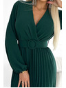 numoco VIVIANA Плисирана миди рокля с дълбоко деколте, дълги ръкави и широк колан - зелено Numoco