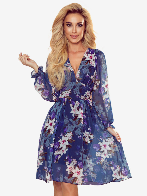 numoco Шифонена рокля с деколте - тъмносиня с цветя Numoco FRANCES