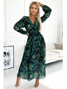 numoco Плисирана дълга рокля от шифон с деколте, дълги ръкави и колан - зелени листа Numoco