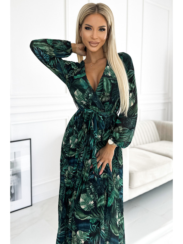 numoco Плисирана дълга рокля от шифон с деколте, дълги ръкави и колан - зелени листа Numoco