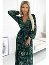 numoco Плисирана дълга рокля от шифон с деколте, дълги ръкави и колан - зелени листа Numoco