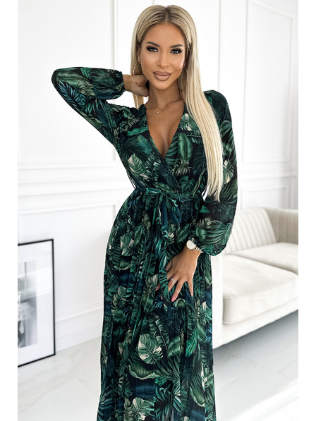 numoco Плисирана дълга рокля от шифон с деколте, дълги ръкави и колан - зелени листа Numoco