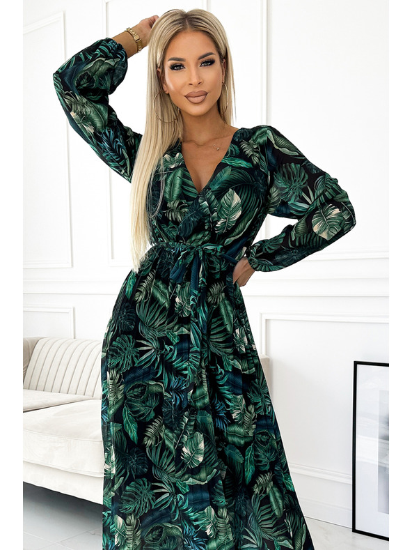 numoco Плисирана дълга рокля от шифон с деколте, дълги ръкави и колан - зелени листа Numoco