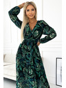 numoco Плисирана дълга рокля от шифон с деколте, дълги ръкави и колан - зелени листа Numoco