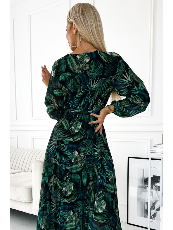 numoco Плисирана дълга рокля от шифон с деколте, дълги ръкави и колан - зелени листа Numoco