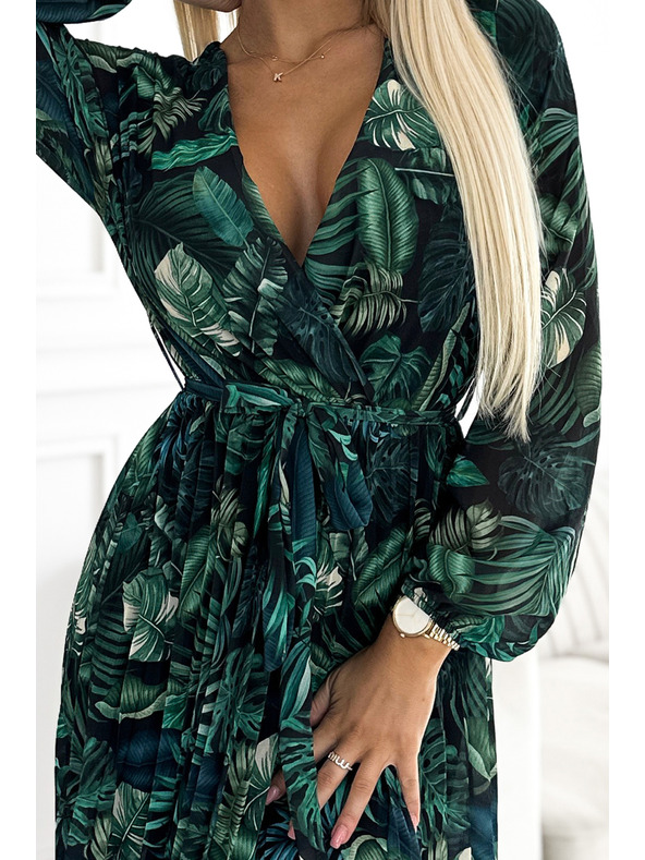 numoco Плисирана дълга рокля от шифон с деколте, дълги ръкави и колан - зелени листа Numoco