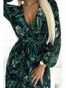 numoco Плисирана дълга рокля от шифон с деколте, дълги ръкави и колан - зелени листа Numoco