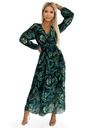 numoco Плисирана дълга рокля от шифон с деколте, дълги ръкави и колан - зелени листа Numoco