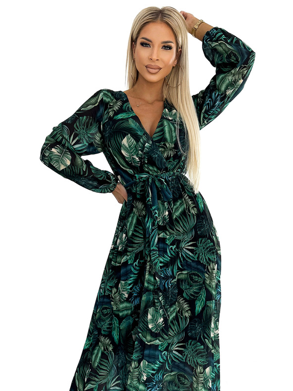 numoco Плисирана дълга рокля от шифон с деколте, дълги ръкави и колан - зелени листа Numoco