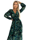 numoco Плисирана дълга рокля от шифон с деколте, дълги ръкави и колан - зелени листа Numoco