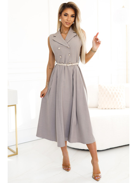 numoco Елегантна миди рокля с риза, златни копчета и колан - сиво