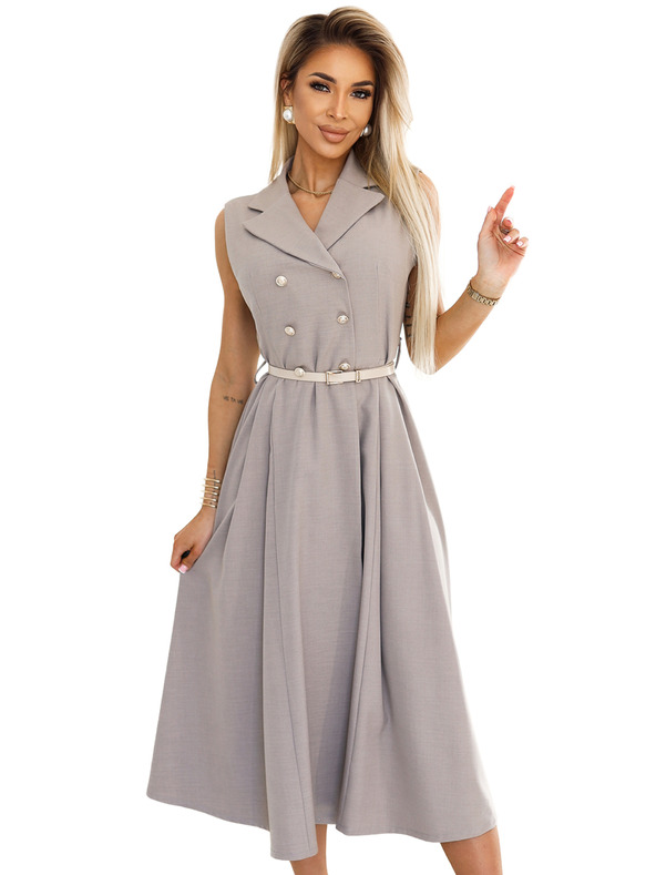 numoco Елегантна миди рокля с риза, златни копчета и колан - сиво