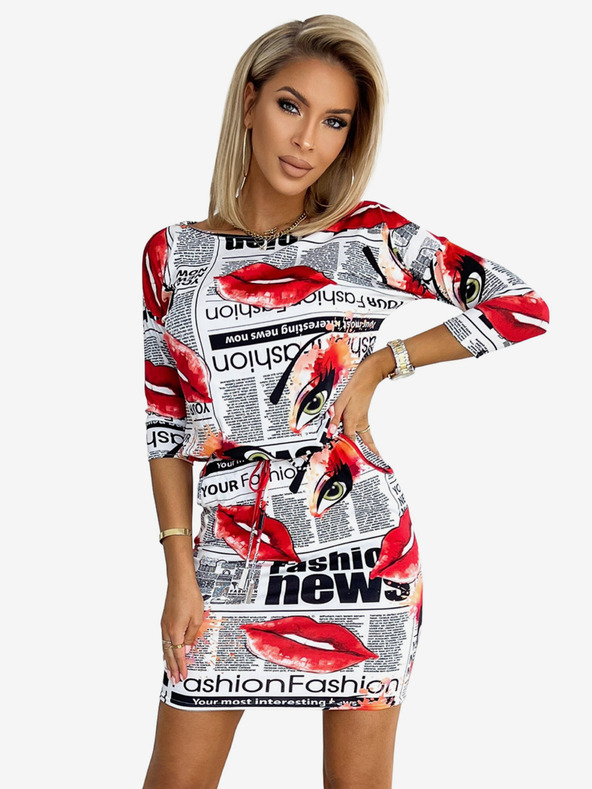 numoco Спортна рокля с джобове - бяла с червени устни Numoco