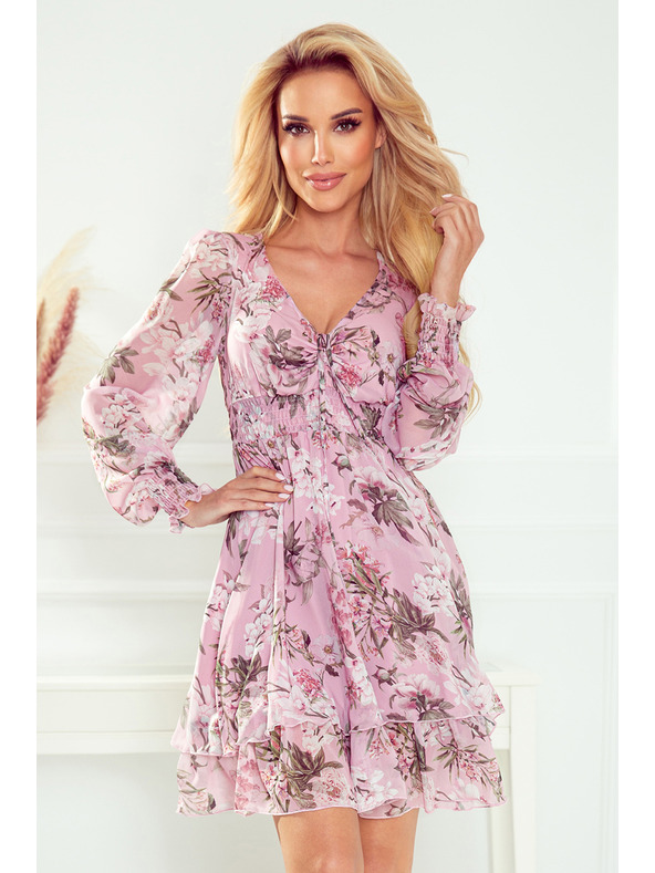 numoco Numoco Розова дамска рокля от шифон с цветя