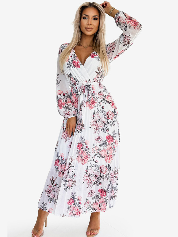 numoco Плисирана миди рокля със сърцевидно деколте, дълги ръкави и колан - бяла с червени рози Numoco GEPPI