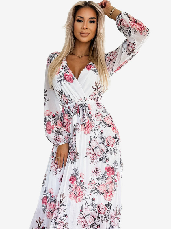 numoco Плисирана миди рокля със сърцевидно деколте, дълги ръкави и колан - бяла с червени рози Numoco GEPPI