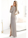 numoco 404-11 Гланцова дълга рокля с изрязване и разрез на крака - сиво и бежово с брокат