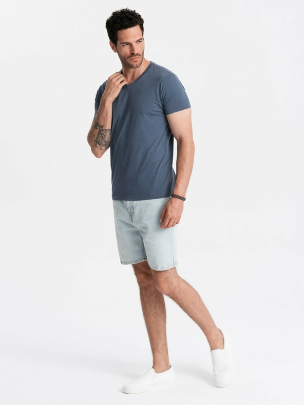 Ombre Clothing Мъжка памучна класическа тениска BASIC с V-образно деколте - синя V18 OM-TSBS-0145 Ombre Clothing