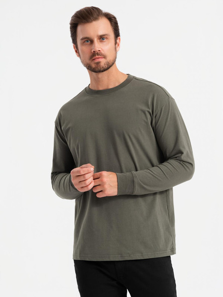 Ombre Clothing Мъжка памучна тениска LOOSE FIT с дълъг ръкав и кръгло деколте - сиво-зелена V3 OM-LSBC-0129 Ombre Clothing