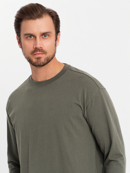 Ombre Clothing Мъжка памучна тениска LOOSE FIT с дълъг ръкав и кръгло деколте - сиво-зелена V3 OM-LSBC-0129 Ombre Clothing