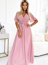 numoco Дълга рокля с плисирано деколте и връзка - пудрово розово Numoco
