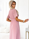 numoco Дълга рокля с плисирано деколте и връзка - пудрово розово Numoco