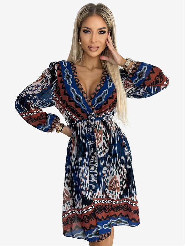 numoco Шифонена рокля с дълъг ръкав, деколте и дълги ръкави - индийски десен Numoco