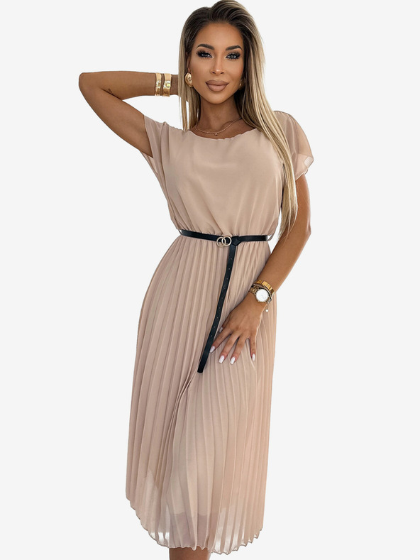 numoco Плисирана миди рокля с черен колан - бежова Numoco