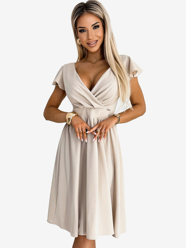 numoco Рокля с деколте и къс ръкав - бежова Numoco MATILDE