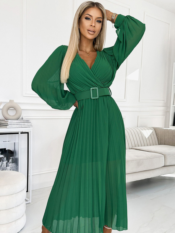 numoco 414-3 KLARA набрана рокля с колан и деколте - зелена