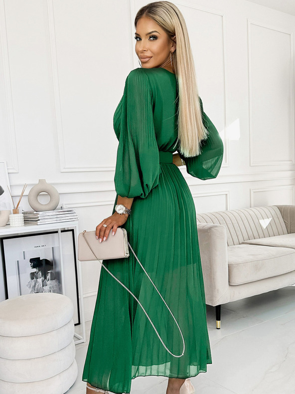 numoco 414-3 KLARA набрана рокля с колан и деколте - зелена