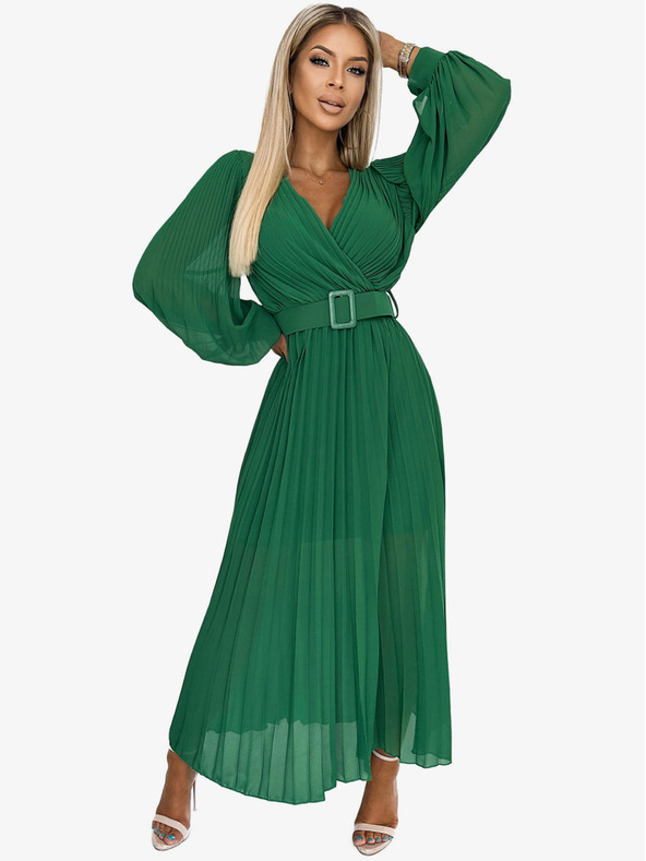 numoco 414-3 KLARA набрана рокля с колан и деколте - зелена