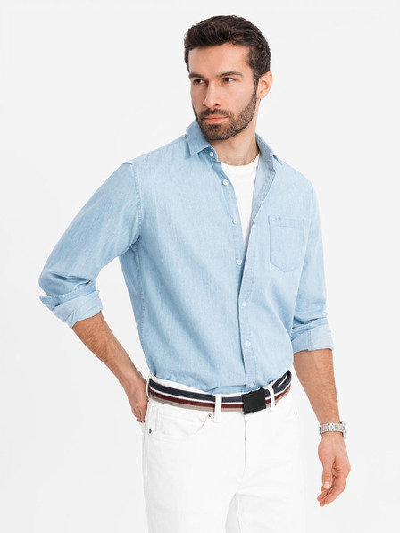 Ombre Clothing Мъжка риза от деним с бродерия и джоб - светлосиньо Ombre Clothing