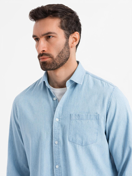 Ombre Clothing Мъжка риза от деним с бродерия и джоб - светлосиньо Ombre Clothing