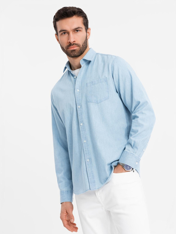 Ombre Clothing Мъжка риза от деним с бродерия и джоб - светлосиньо Ombre Clothing