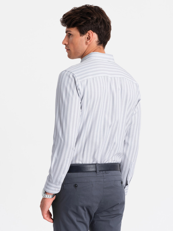 Ombre Clothing Мъжка бяла риза на райета REGULAR FIT с джоб Ombre Clothing