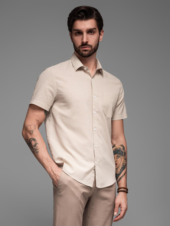 Ombre Clothing Мъжка риза с къс ръкав и кубинска яка Бежово Ombre Clothing