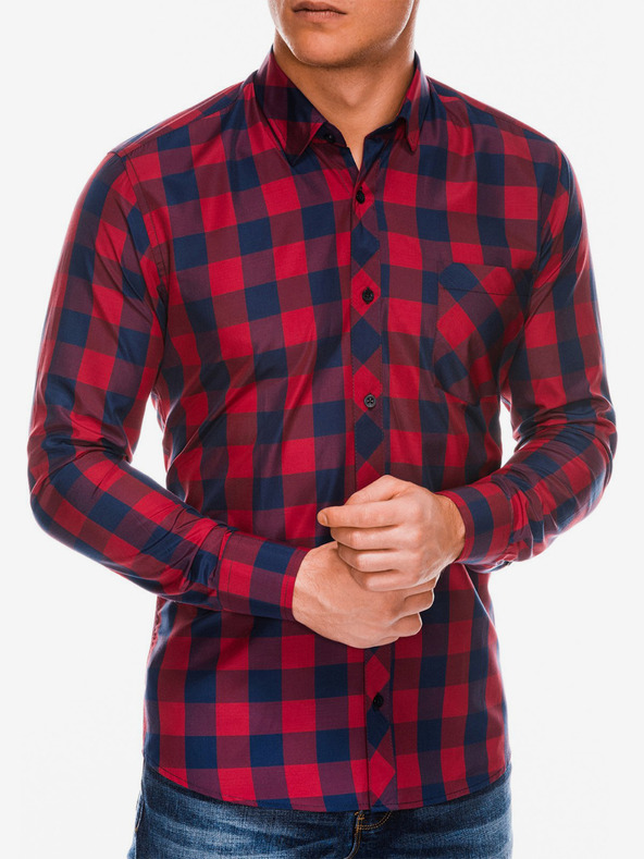 Ombre Clothing Мъжка карирана риза с дълъг ръкав K282 - червена/тъмносиня
