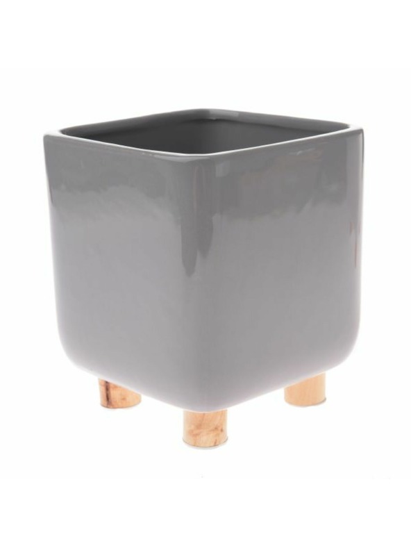 Casa de Engel Керамичен кашпо контейнер с дървени крачета, сив, 0/8