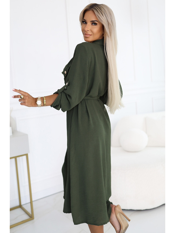 numoco 531-5 Миди риза-рокля със златисти копчета и вратовръзка - КАКИ