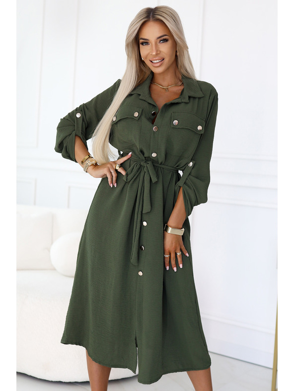 numoco 531-5 Миди риза-рокля със златисти копчета и вратовръзка - КАКИ