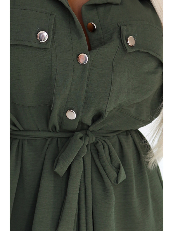 numoco 531-5 Миди риза-рокля със златисти копчета и вратовръзка - КАКИ