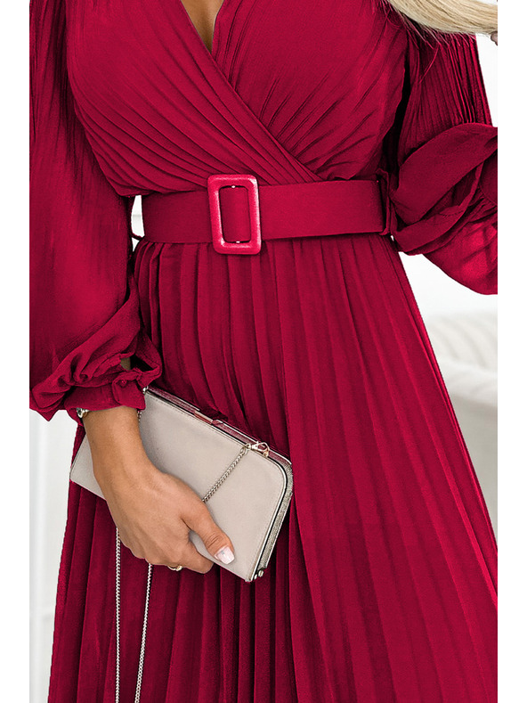 numoco 414-9 KLARA Набрана рокля с колан и деколте - Винено червено