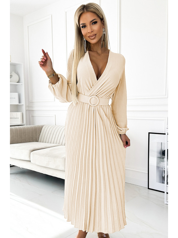 numoco 504-7 VIVIANA Плисирана миди рокля с V-образно деколте, дълъг ръкав и широк колан - светло бежово